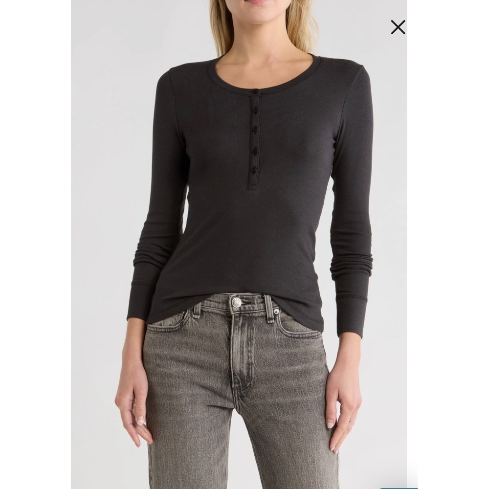 rag &‎ bone Essie Ribbed Henley Top Women's XS Charcoal Black Long Sleeve